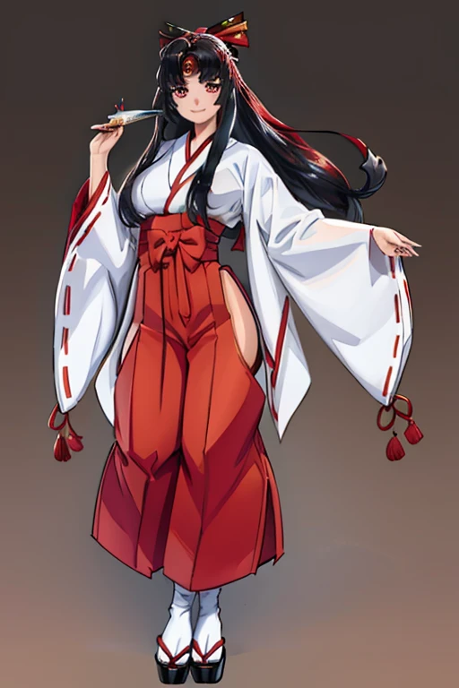 female, silver long hair, red eyes, (((1girl))), (((red kimono))), (black Japanese sandals), (white socks), (black hakama pants), cute and sexy, full body, large breasts, long legs, smiling, standing