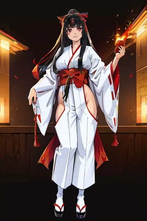 female, silver long hair, red eyes, (((1girl))), (((red kimono))), (black japanese sandals), (white socks), (black hakama pants)...