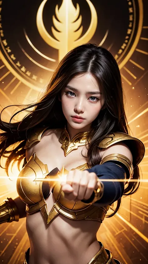 "Create an image of Lee Sin from League of Legends by Riot Games, reimagined as a female, in her Prestige Nightbringer skin, wearing her luxurious, no having clothes,golden armor with celestial patterns and radiant light, having massive k-cups:1.55. Shes i...