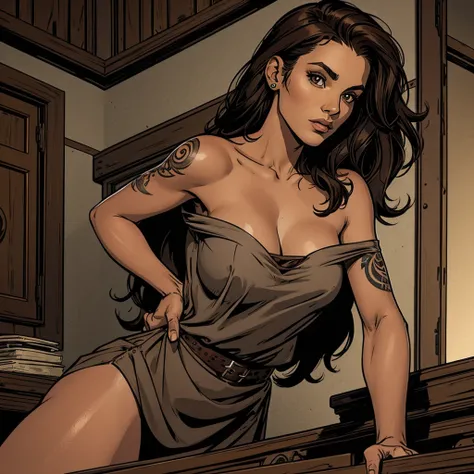 One woman with long dark brown hair, dark brown eyes.  Wearing a gray strapless blouse, with a tattoo of a triskle on her right shoulder.