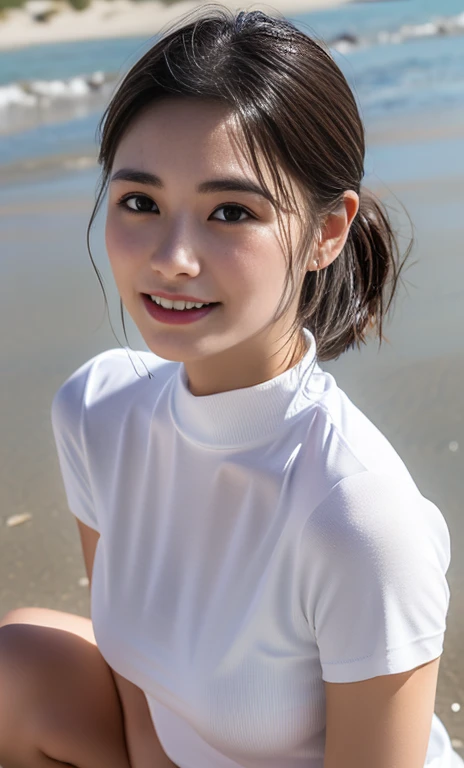 (a gorgeous asian lady, age 20s, wearing a wet oversized white high-neck t-shirt, pleated skirt, squatting at a polluted beach, removing trash plastic, Beach Cleanup, Ocean Cleanup, (beach by the sea:1.2),

Hopeful expression, kind smile, dimpled cheeks, s...