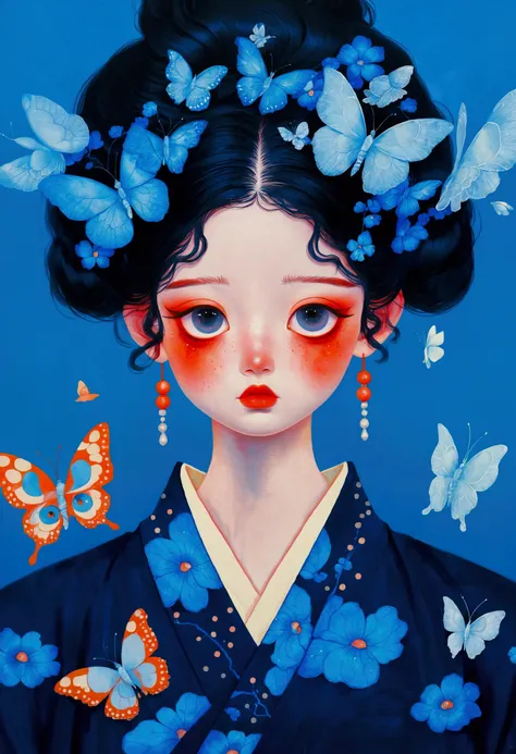 The painting shows a cute girl wearing a Japanese kimono,big eyes,big eyes!!!There are butterflies and eyes on the head, James Jean (James Jean) Inspired by the extremely detailed, Popular on artstation, Pop surrealism, james jean 和 wlop, japanese Pop surr...