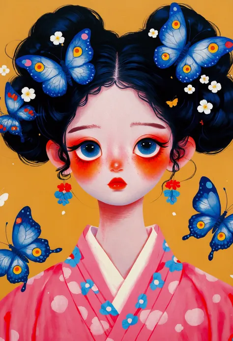 The painting shows a cute girl wearing a Japanese kimono,big eyes,big eyes!!!There are butterflies and eyes on the head, James Jean (James Jean) Inspired by the extremely detailed, Popular on artstation, Pop surrealism, james jean 和 wlop, japanese Pop surr...