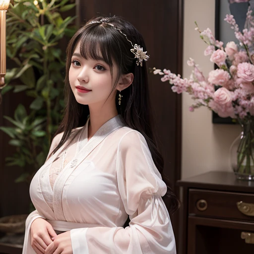 best quality, Delicate face，beautiful visual work, lifelike, eternity, black hair, Long curly hair, blunt bangs, Smile, Detailed Background, Delicate face，pink blush，cold，((masterpiece))、(top quality)、8k、high detail、Super detailed，21 years old female，Weari...