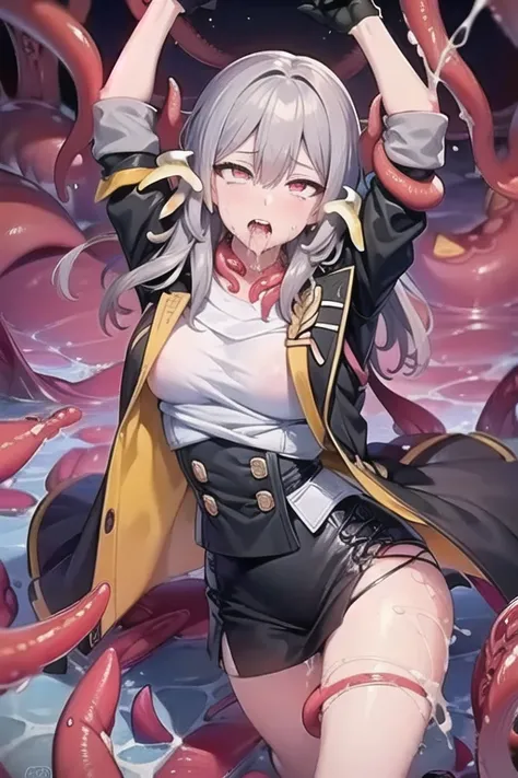 cannot see ears,a girl,human,((standing)),masterpiece,Highest quality,LocationHSR, Yellow Eyes, Good strap, Jacket, black gloves, open Jacket,  Long Hair, White shirt, gloves, Hair between the eyes, black Jacket, Grey Hair,NSFW,tentacle bound arms,tentacle...