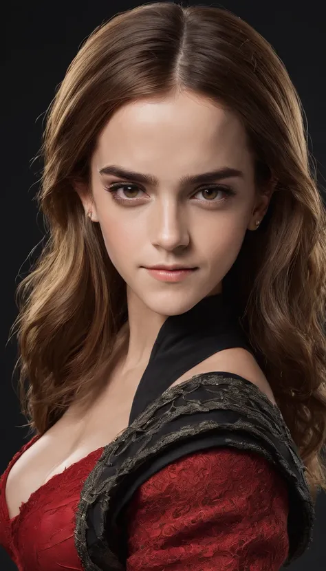 (Emma Watson), sexy sayian armor, scouter, earrings, (monkey tail, long tail), Red leotard, white gloves, bare shoulders, Big Breasts, smile, Long Straight Hair, (studio lighting, hard light, sony a7, 50 mm, matte skin, pores, colors, hyperdetailed, hyperr...