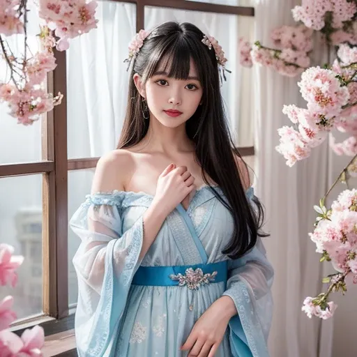 best quality, Delicate face，beautiful visual work, lifelike, eternity, black hair, Long curly hair, blunt bangs, Smile, Detailed Background, Delicate face，pink blush，cold，((masterpiece))、(top quality)、8k、high detail、Super detailed，21 years old female，Weari...