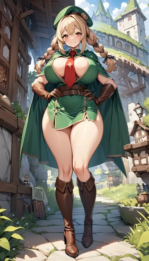 An adventurer guild clerk girl, sexy body, curvy body, big breasts, big hip, ((green clerk outifit, red necktie, green beret, cape, leather gloves, leather high heels boots)), (brown braided-twintail hairstyle), brown eyes, smiling, beautiful face, detaile...