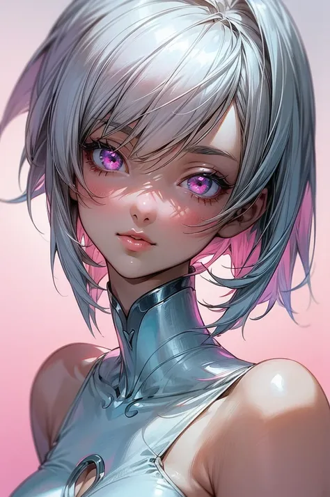 anime girl with short hair and ultra detailed pink eyes, anime art, perfect lighting tone, detailed eyes, perfect lips and beautiful, wears a beautiful dress in white and light blue colors (ultra drawing quality) (perfect details)