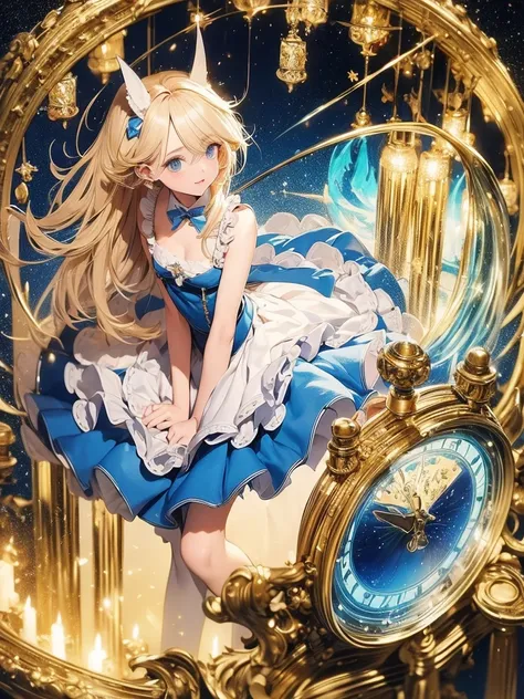 A masterpiece, high resolution, top quality, fractal art, Alice in Wonderland style, a blonde, blue-eyed beauty wearing a long, blue-and-white apron dress in the style of Alice, a blue ribbon on her head, a clock rabbit and a playing card in her hands, lot...