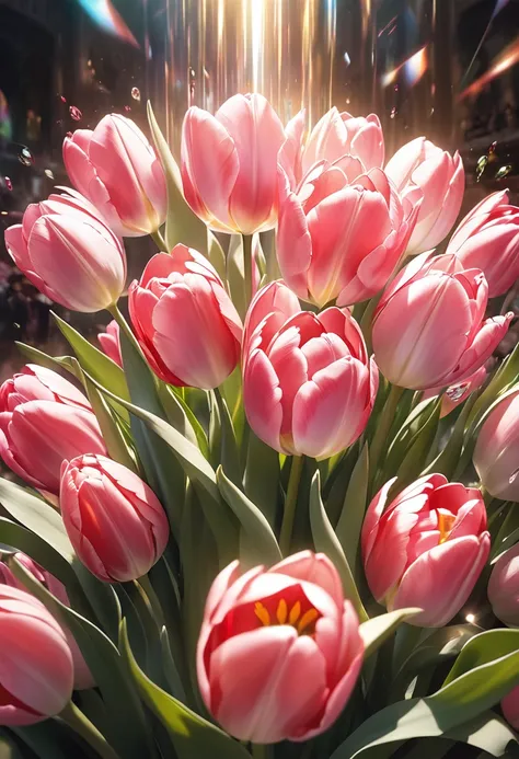  ( Anatomically perfect) No One A bouquet of pink tulips close-up art masterpiece interweaving of light Tyndall effect shows the interweaving and interweaving of light，Their shapes and refraction of light evoke wonder and excitement。

                     ...