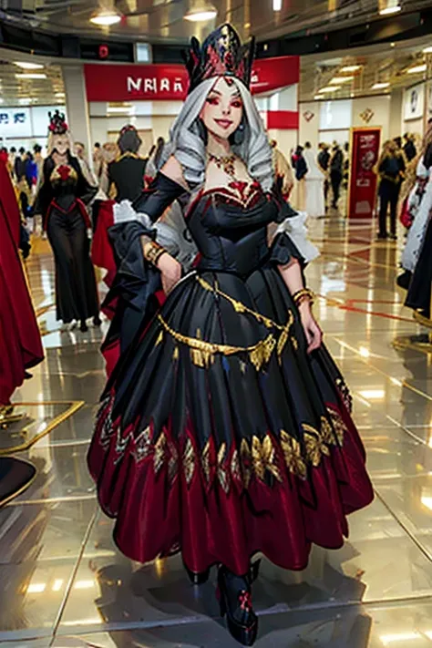 female, silver long hair, red eyes, (((1girl))), (((red and black regal dress))), (black stockings), (gold heels), (red and black detached sleeves), (gold jewelry), cute and sexy, full body, large breasts, long legs, smiling, standing