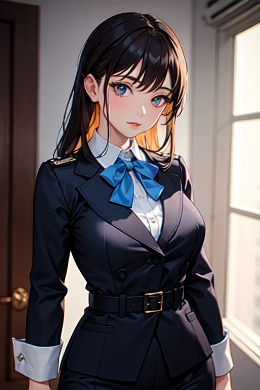 ((best quality)), ((masterpiece)), (detailed), 
A woman wearing a dark blue stewardess.&#39;s uniform is having her breasts massaged over her GOOD by a young man in a suit while standing., (grab chest,hands,grab the chest:1.3)、doggy style, numero exacto de...