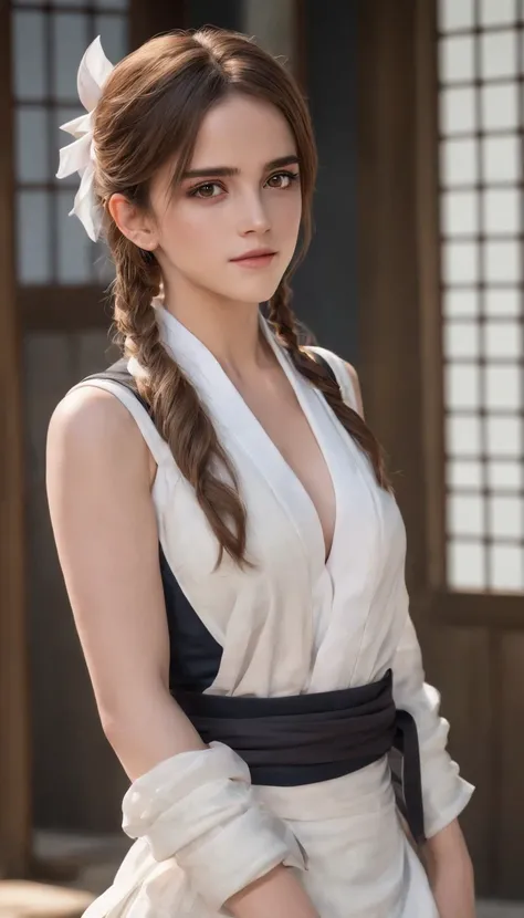 (Emma Watson), Long hair, Brown hair, White ribbon, Sleeveless, poneyTail, sash, pelvis curtain, arm guards, mitts, tabi, fascinated expression, Sexy eyes, big breasts, Smile, Cute, view the viewer, Long hair, Close to Japan temple, (breasts focus:1.2), (R...