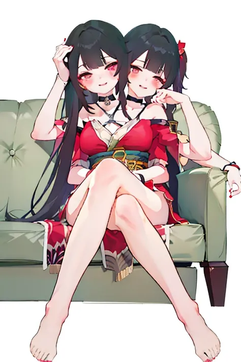 (2 heads:1.3), 1 girl, Sparks (Honkai: Star Rail), Twintail, hair accessories, alone, Off shoulder kimono, black nails, Mask on the head, arms separated,Legs split, choker, heart, Single gloves, Wristband, Cross Halter, thigh strap, Blush, sit, from below,...