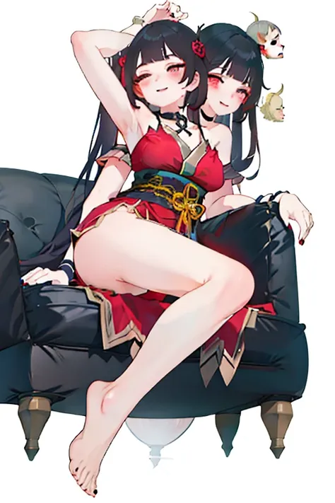 (2 heads:1.3), 1 girl, Sparks (Honkai: Star Rail), Twintail, hair accessories, alone, Off shoulder kimono, black nails, Mask on the head, arms separated,Legs split, choker, heart, Single gloves, Wristband, Cross Halter, thigh strap, Blush, sit, from below,...