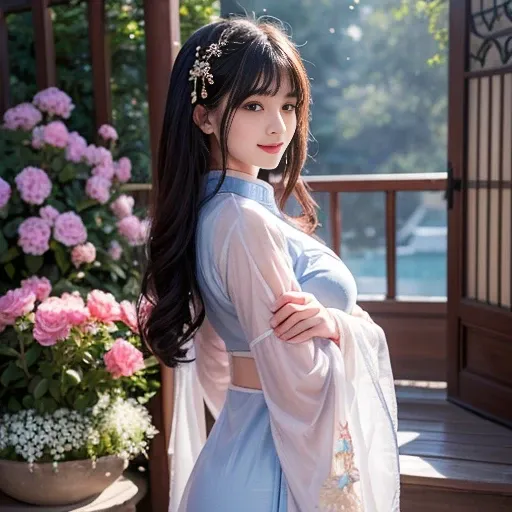 best quality, Delicate face，beautiful visual work, lifelike, eternity, black hair, Long curly hair, blunt bangs, Smile, Detailed Background, Delicate face，pink blush，cold，((masterpiece))、(top quality)、8k、high detail、Super detailed，21 years old female，Weari...