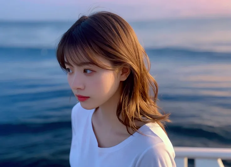 Profile looking at the sea、Expressionless、Sea side、（（vague））（Off-beach、）(Very delicate and beautiful)、（（please sit down））（（The background feels dark））、Very delicate and beautiful)、（Blonde）（Pull angle）(T-Shirts)、Dynamic Angle、Portrait)、(Smooth Hair)、（Big ey...