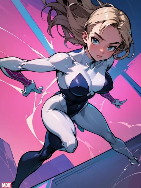 Gwen in the x-men in her new spider x-men suit,Solo, High Resolution, Masterpiece, Best Quality, High Details, High Quality, Large breasts, adult woman, character reference character sheet, x-Men logo on the suit 
￼
￼