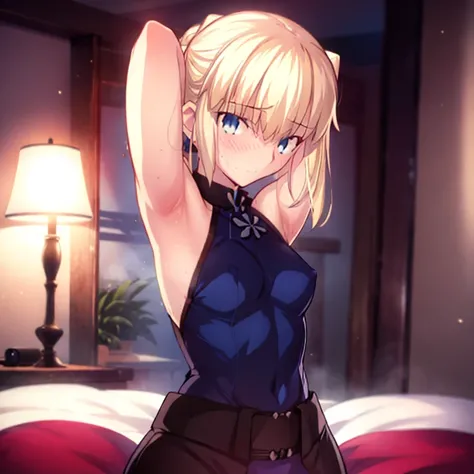 High resolution, 最high resolution,high resolution,{Things to know_f de stay night ufotable:1.15}, Rubio_ Best Quality, masterpiece, フルnude,Sweatだく,Blushing,smile,Armpitアップ,Sweat,Armpitを広げて見せている,bed,Moist,Blonde,whole body,pubic hairあり,Love juice,Armpit,sid...