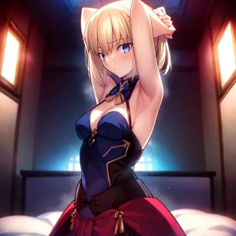 High resolution, 最high resolution,high resolution,{Things to know_f de stay night ufotable:1.15}, Rubio_ Best Quality, masterpiece, フルnude,Sweatだく,Blushing,smile,Armpitアップ,Sweat,Armpitを広げて見せている,bed,Moist,Blonde,whole body,pubic hairあり,Love juice,Armpit,sid...