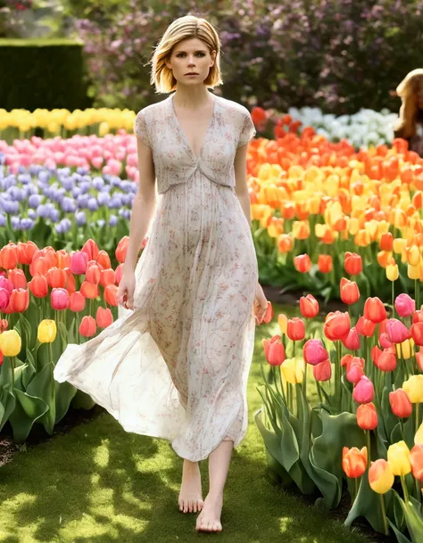 Kate Mara, age 25, sheer summer dress no underwear, barefoot, back to viewer, she is walking through a flower garden with many varieties of tulip, early morning
