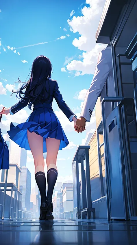 Impressive blue sky　Back view of a man and woman holding hands　school uniform　An illustration