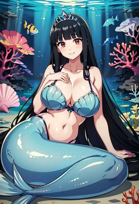 4k,hight resolution,1girl,smile,((black hair, super long hair, shiny hair, blunt bangs, hime cut)), mermaid,(huge breasts:1.1), Showing her breasts, breasts out, ((Sea shell bra,))(wearing Pareo),Princess Tiara,Pearl decoration,jewel decorations,Undersea b...