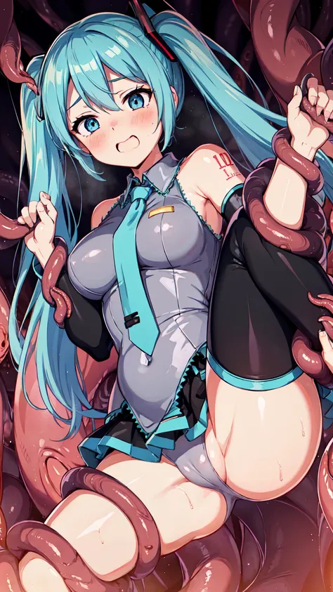 masterpiece、Highest quality、8k、Noise Reduction、Hatsune Miku Vocaloid、Twin tails、Light blue hair、Bright Blue Eyes、Beautiful body、Big Breasts、Completely naked、black tights、((Embarrassed face))、{{{Tentacles wrap around limbs}}}、((Violated by tentacles))