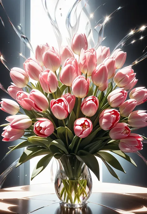 ( anatomically perfect) nobody a bouquet of pink transparent tulips close-up art masterpiece interweaving of light tyndall effec...