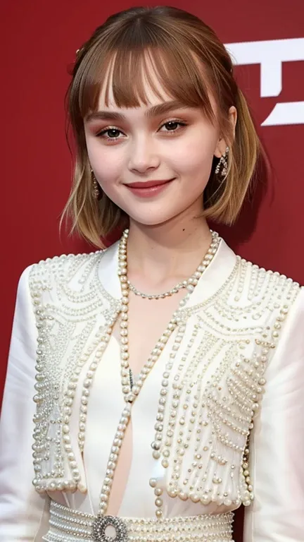 Lily-Rose Melody Depp wearing clothes made of pearls and smiling