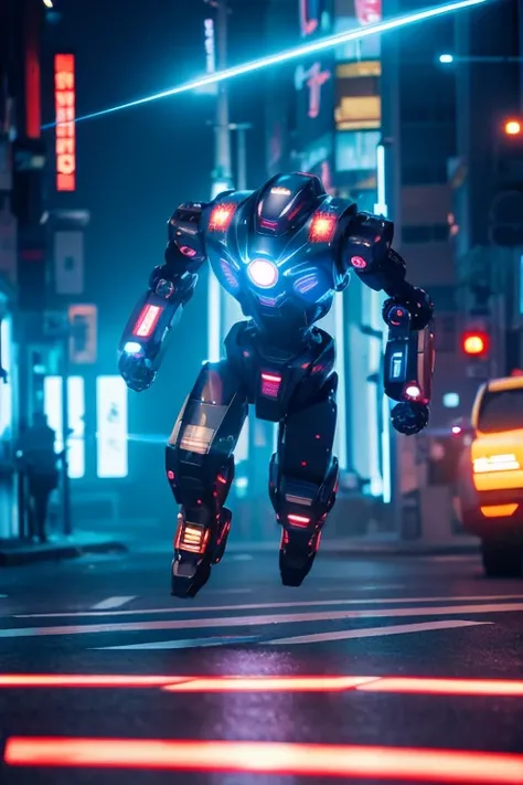 Giant humanoid robot running。
cyber cityscape。
Lens flare。
Streaks。
Neon Signs。
typography。
Protect against crime。
The drone is flying。
Bloom, Dithering, scan lines, Anaglyph, Cinematic light effects, Godley, reflected light, 