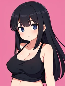 (((Highest quality))),14-year-old face,Black Hair,bangs,Long Hair,Hot Face,Heavy breathing,Big Breasts,Slightly large belly,(Tank top),(Looking into the camera)),(Accentuate the cleavage),The shape of the nipples that stand out,Small nipples,Small areola,