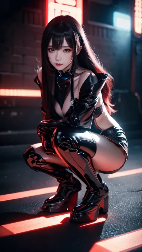 high resolution,8k,1女の子のDetailed, Cyberpunk Costume,Only black clothing,The costume is shiny,Shiny red long hair,Crouching,8k,Detailed目,8k, Detailed,Background is white