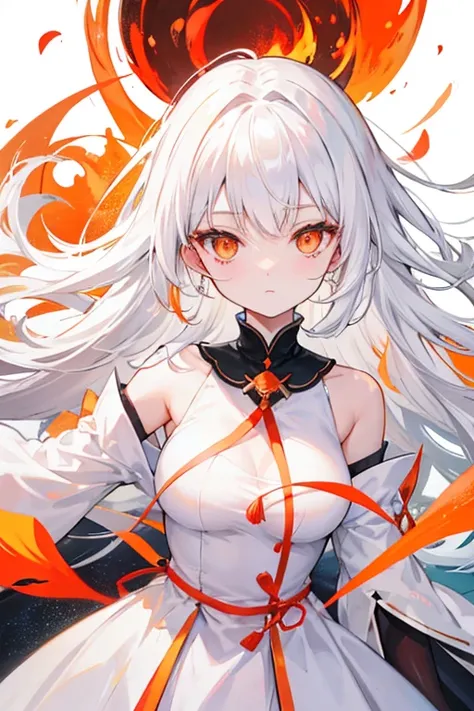 white  hair、Orange Eyes、ember、White Dress