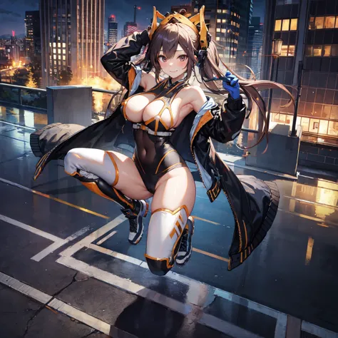 (​masterpiece, best quality:1.2), Intricate detailing, ip2, full body, in the air, 1 girl, ((jacket)), ((jumping)), (sexy pose), Headgear, ((bare shoulders)), Twin tails, Elbow gloves, slight smile, mature woman, ((big boobs))