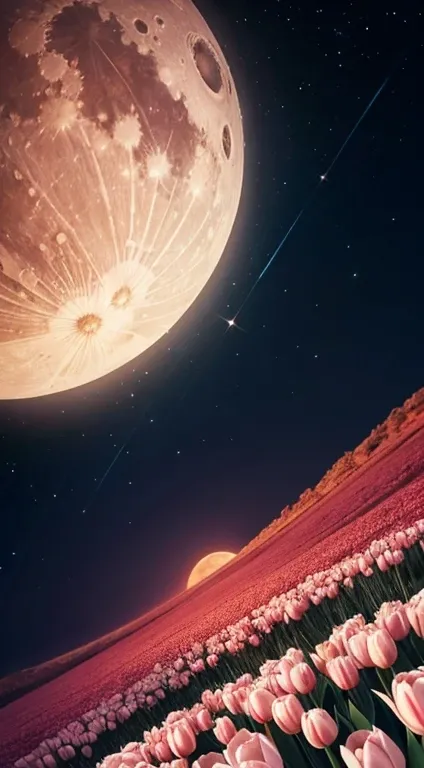 A tulip moon，Capture stunning details with a macro lens，The tulip is the moon. The moon is the tulip. There is a tulip high up in the night sky. This is visually synonymous with outer space，people looking up at the moon，​​Surrounded by a starry night sky，G...