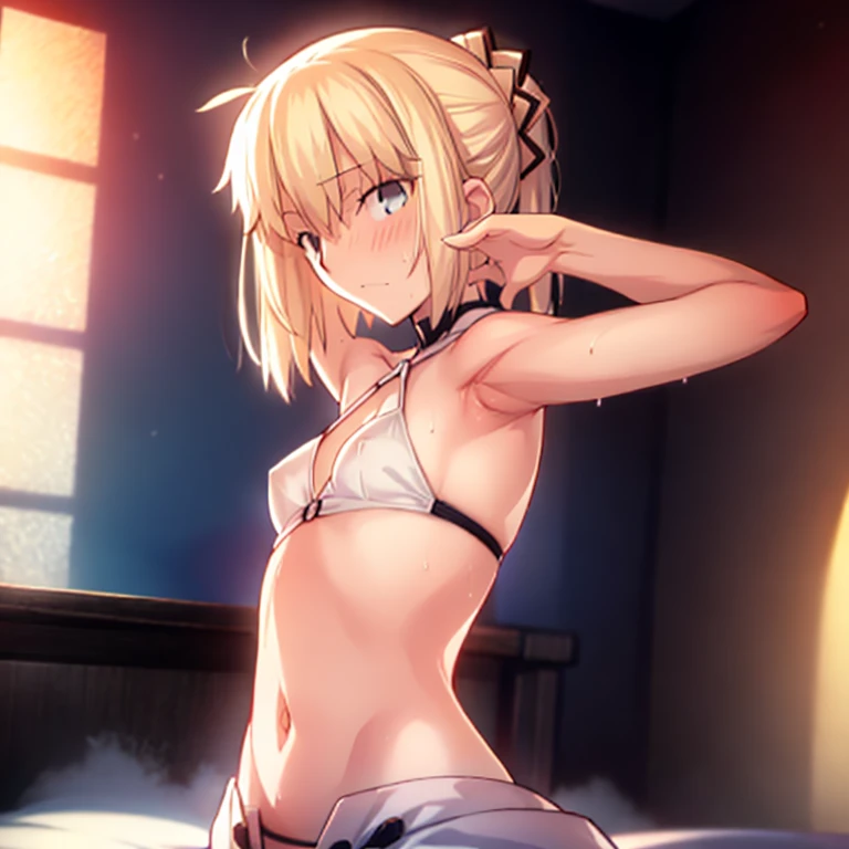 High resolution, 最high resolution,high resolution,{Things to know_f de stay night ufotable:1.15}, Rubio_ Best Quality, masterpiece, フルnude,Sweatだく,Blushing,smile,Armpitアップ,Sweat,Armpitを広げて見せている,bed,Moist,Blonde,whole body,pubic hairあり,Love juice,Armpit,sid...