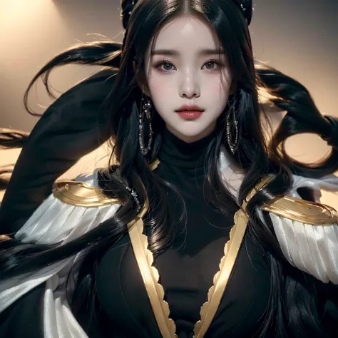 Anime-style woman dressed in black and white with gold accents, Super villain IU Lee Ji-eun, Trending on cgstation, Queen of the Sea Mu Yanling, Realistic Anime 3D Style, Ultra realistic anime, [ 4k digital art ]!!, Captivating portrait of Tifa Lockhart, T...