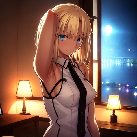 High resolution, 最high resolution,high resolution,{Things to know_f de stay night ufotable:1.15}, Rubio_ Best Quality, masterpiece, フルnude,Sweatだく,Blushing,smile,Armpitアップ,Sweat,Armpitを広げて見せている,bed,Moist,Blonde,whole body,pubic hairあり,Love juice,Armpit,sid...