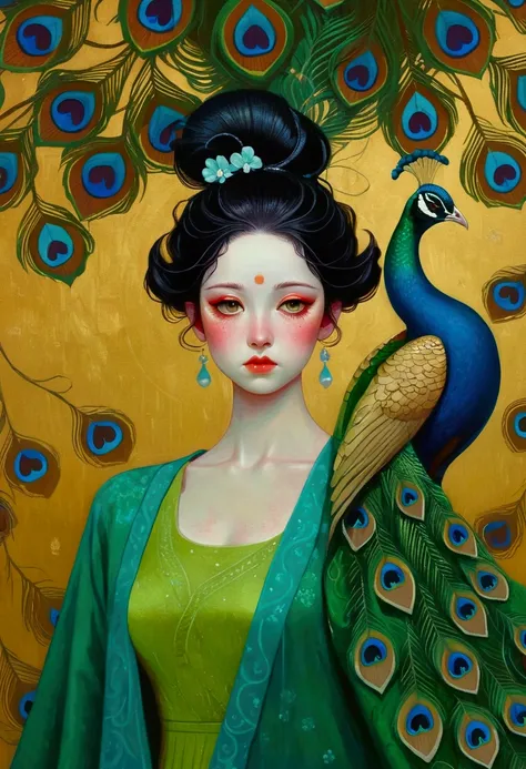 A woman in a green dress in the painting，A peacock perched on his shoulder, Tom Bagshaw Donato Giancora, Natalie Shaw Tom Bagshaw, Artgerm and Tom bAgshAw, Beautiful character painting, Artgerm Julie Bell Beeple, Chie Yoshii, Art Jam and James Jean, Art by...