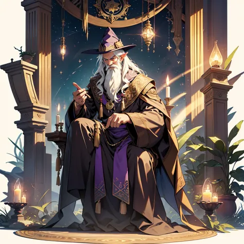 1 man, Alone, very old human wizard, very long purple wizard robe, light brown magic blanket, magic staff in hand, big red hat of magician room with many books, books with gold, dimensional portal of light from which mountains emerge, forest, rio, desert, ...