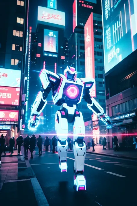 Giant humanoid robot running。
White body color。
Booster pack on the back。
cyber cityscape。
Lens flare。
Streaks。
Neon Signs。
typography。
The drone is flying。
Bloom, Dithering, scan lines, Anaglyph, Cinematic light effects, Godley, reflected light, 