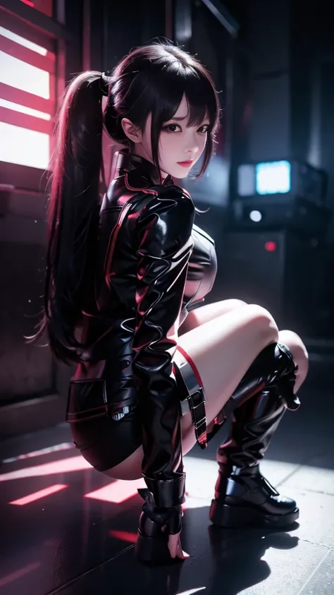 high resolution,8k,1女の子のDetailed, Cyberpunk Costume,Only black clothing,The costume is shiny,Shiny red long hair,Crouching,8k,Detailed目,8k, Detailed,Background is white