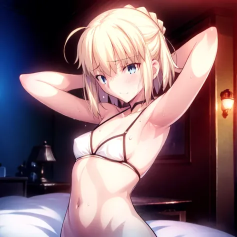 High resolution, 最high resolution,high resolution,{Things to know_f de stay night ufotable:1.15}, Rubio_ Best Quality, masterpiece, フルnude,Sweatだく,Blushing,smile,Armpitアップ,Sweat,Armpitを広げて見せている,bed,Moist,Blonde,whole body,pubic hairあり,Love juice,Armpit,sid...