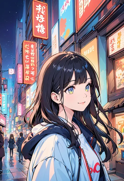 masterpiece, Highest quality, 1 girl, City Pop, night, Neon Light, Looking at something else, Upper Body, Vector illustration, Jacket, A light smile, Blunt bangs, Long Hair