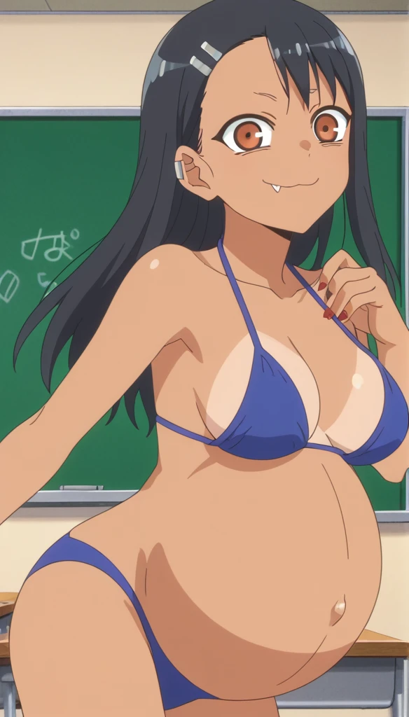 score_9, score_8_up, score_7_up, source_anime, anime screencap, anime coloring, 
hayasenagatoro,
hayase nagatoro, long hair, bangs, black hair, hair ornament, brown eyes, hairclip, fang, dark skin, dark-skinned female, tan, short shirt, bikini, unbuttoned,...