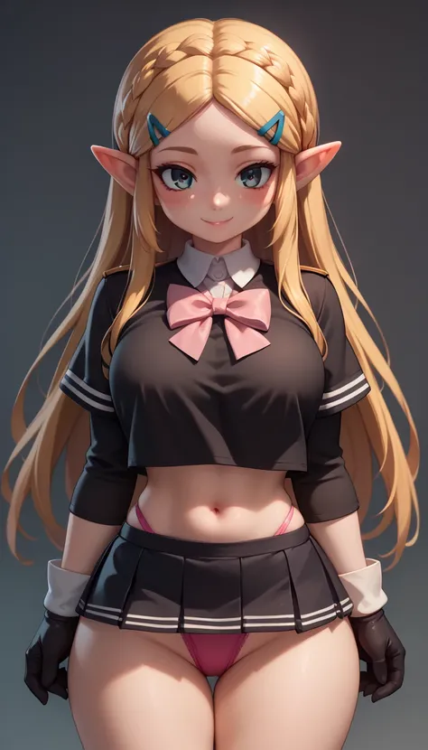 High resolution, Very detailed, perfect lighting, beautiful detailed eyes, ((masterpiece,Best Quality)), absurdities, alone, princess zelda, by the width, crown braid, Hair clip, pointy ears, Gloves without fingers, black gloves, smile, curves, nod, , deep...