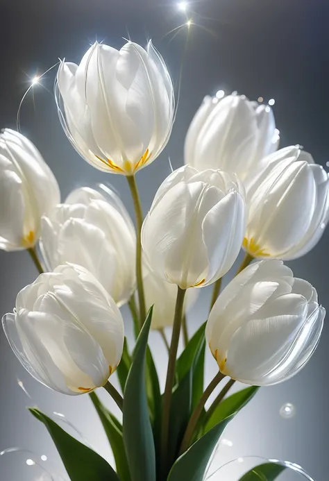  ( Anatomically perfect) Close-up of a bouquet of white transparent tulips without anyone(Only a close-up of the flower can be seen) Art masterpiece The interweaving of light. The Tyndall effect shows the interweaving and interweaving of light.，Their shape...