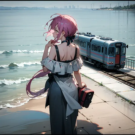 at the seaside，there is a train behind，leave with your back to the camera，with tears，with tearssmile，cry